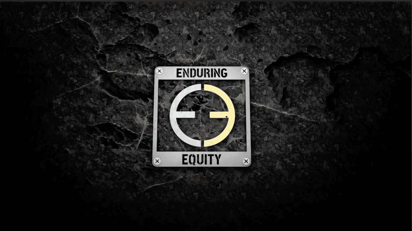 Enduring Equity emblem mounted over a dark stone background