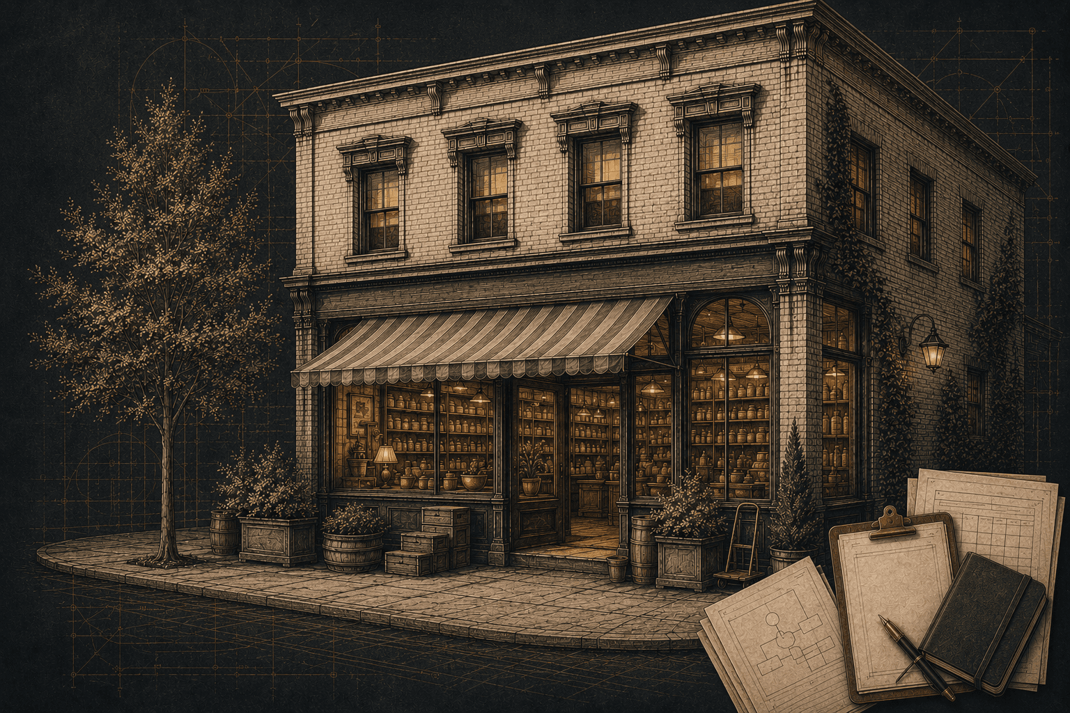 A durable Main Street business shown with architectural plans and acquisition records